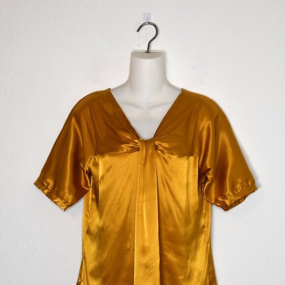 New York & Co Satin Blouse XS Draped Mustard Whimsigoth Holiday Party Cocktail - Picture 2 of 15